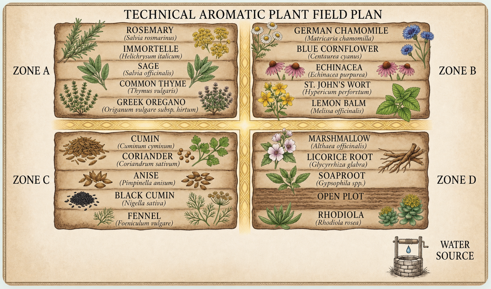 Technical aromatic plant field plan showing Zones A–D, English crop names, botanical Latin names and the water source